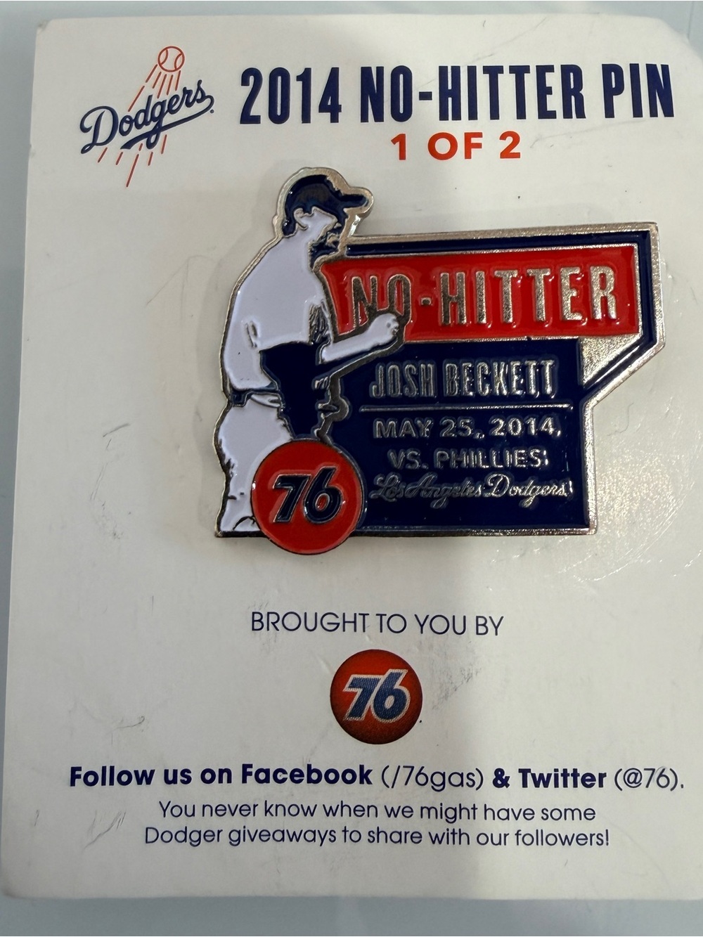 Los Angeles Dodgers 2014 No-Hitter Pin - Navy, Red, White